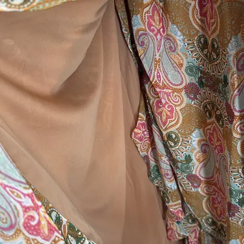 Justin Boots Pink tan maxi wrap Sheath Dress Bishop Sleeves paisley M ruffle