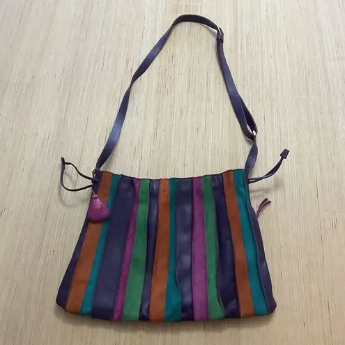 MYWALIT Crossbody Drawstring Stripe Purple Orange Green Leather Suede Purse Bag