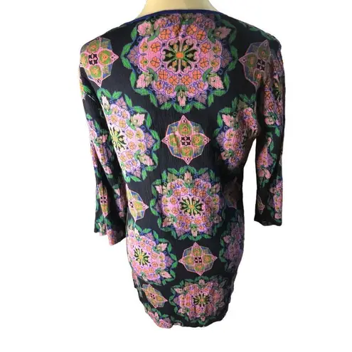 Gauzy J Crew Pink Medallion V Neck 3/4 Sleeve Gauze Cotton Tunic Swimsuit Cover Black