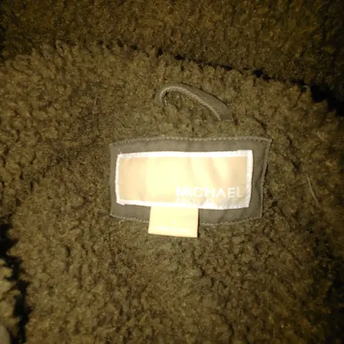 Michael Kors Hooded Parka Coat Size Large Olive Faux Fur Trim Sherpa Lining Black