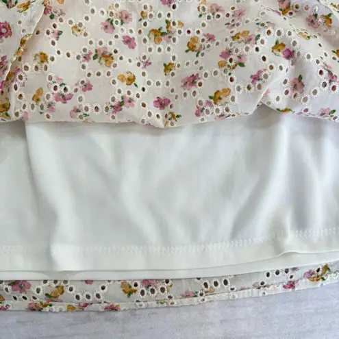 CeCe Cream Dainty Flowers Eyelet Off Shoulder Blouse Ruched Ruffle Half Sleeves