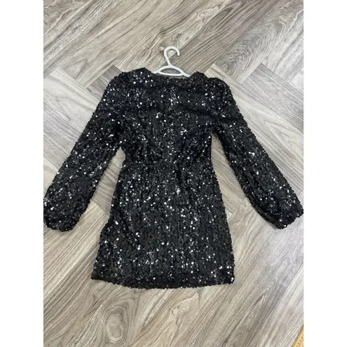 WAYF Womens Sequin Long Sleeve V Neck Mini Dress Black Size XS