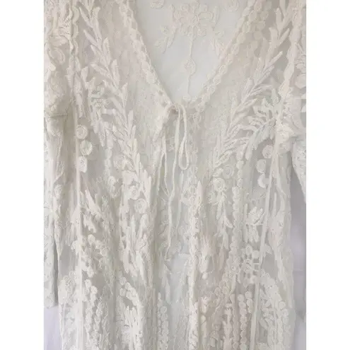 Boho Kimono Cardigan Women’s Size Medium Sheer Cream Long Lace Duster Festival