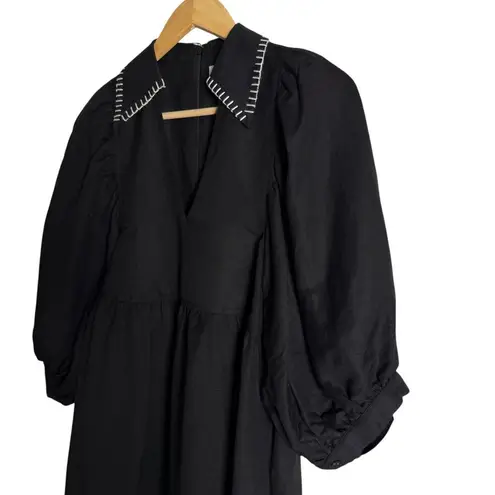 Hunter Bell Noah Black Poplin Collared V-Neck Puff Sleeve Mini Dress Small