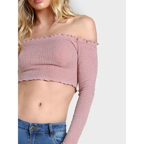 ✨HP✨Pink Rib Knit Lettuce Edge Crop Bardot Top✨ Pink