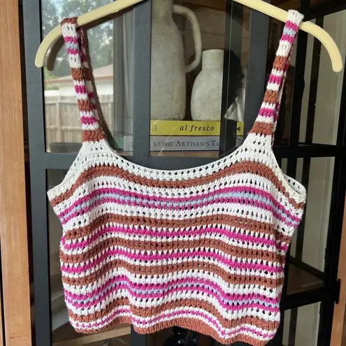 Mango  Crochet Cropped tank top stripes brown pink coverup swim bikini boho