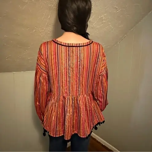 Amaryllis Metallic Stripe Pom Pom Boho Peasant Blouse Size Small