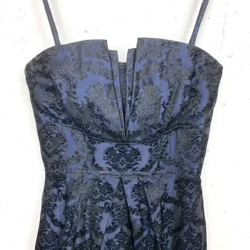 Watters & Watters Navy Brocade Satin Dress Convertible Strapless Textured Size 6 Blue