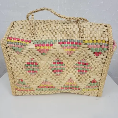 Vintage Woven Straw Seagrass Picnic Basket Bag Cotton Lined Beach Summer Day Out