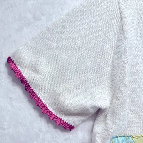 Vintage Patchwork Bunnies Rabbits Cardigan Sweater Button Front Crocheted Lace Pink Size 1X - Image 8