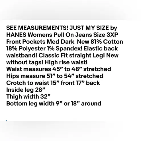 JUST MY SIZE by HANES Womens Pull On Jeans Size 3XP Front Pockets Med Dark New Blue