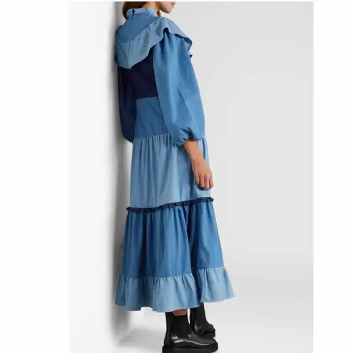 RIXO Sara Tiered Ruffled Denim Midi Dress Size Medium US 8 UK 12 Blue