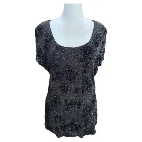 Armani Collezioni Womens LG Black Sparkly Short Sleeve Round Neck Blouse Floral
