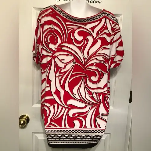 JM Collection Size L Abstract Embellished Short Sleeve Blouse