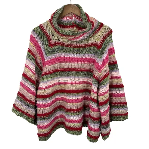 Anthropologie Chunky Knit Striped Turtleneck Bell Sleeve Sweater Multicolored Pink Size M