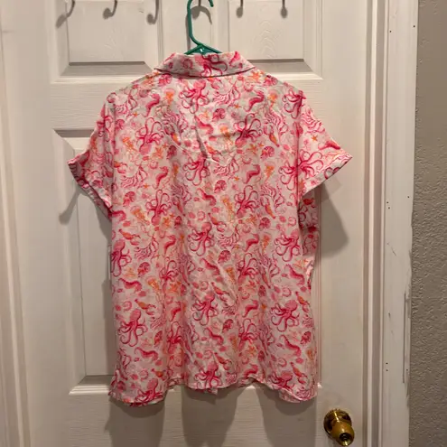 Emily Daniels XL Button Up Shirt Pink Orange Octopus Print Short Sleeve NWT