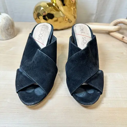 Sole Society Black Suede Mules Criss Cross Block Heel Slides Black Size 6