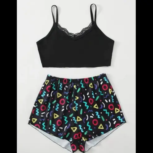 Boutique Black & Multi-Colored, Cropped Cami, Pajama Set