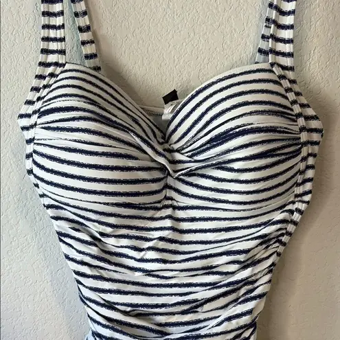 Elegant navy blue and White Striped One Piece Swimsuit Nip tuck size 8