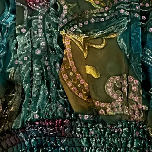 Cache Luxe Top Womens Size S Boho Cape Sleeve Multicolor Sheer LIned Sequin Green