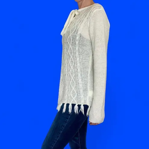 prAna Cream Ivory Wool Fringe Bohemian Preppy Winter Cozy Sweater