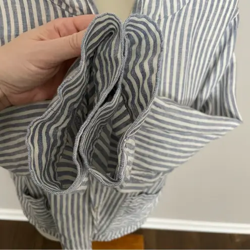 Tahari Top Jacket Linen Hooded Roll Tab Sleeves Striped Nautical Blue White