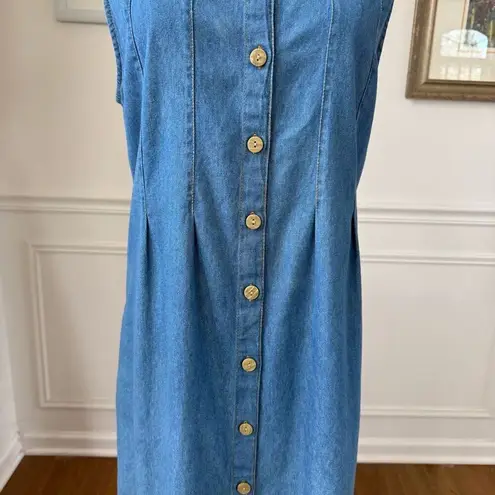 Vintage 90s 220 Hickory Blair Chambray Denim Button Front Maxi Dress Embroidery Blue Size M