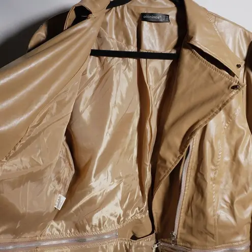 Faux Leather Moto Jacket Tan Adjustable Length Zippers Vegan Womens 16 Oioninos