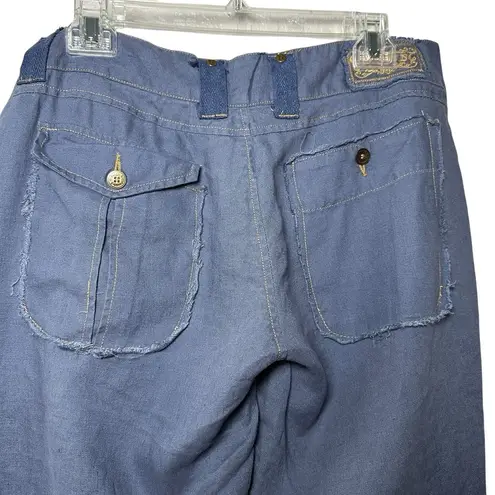 Freddy B 33 100% Linen Safari Capri Pants L Blue Utility Y2K Boho Button Fly Size L