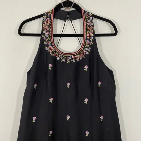 Kenar Vintage Black with Floral Embroidery Linen Blend Halter Maxi Dress Size 14
