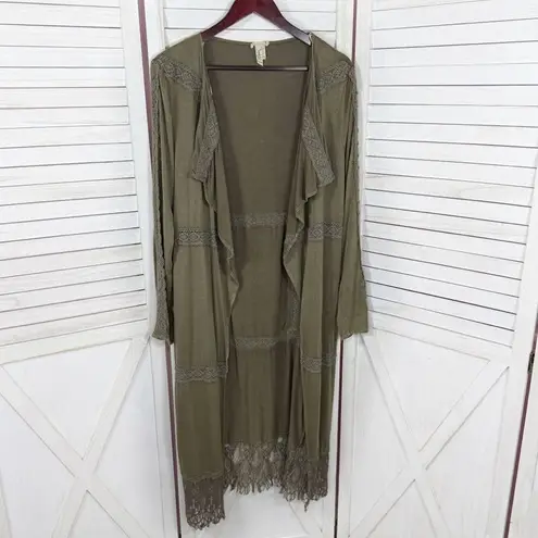 Gimmicks by BKE Buckle Boho Lace Trim Cardigan Duster Olive Green Small