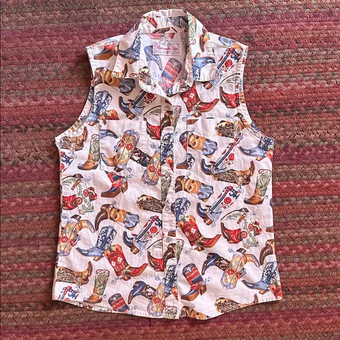 PANHANDLE SLIM COWBOY BOOT PRINT SLEEVELESS PEARL SNAP Size M