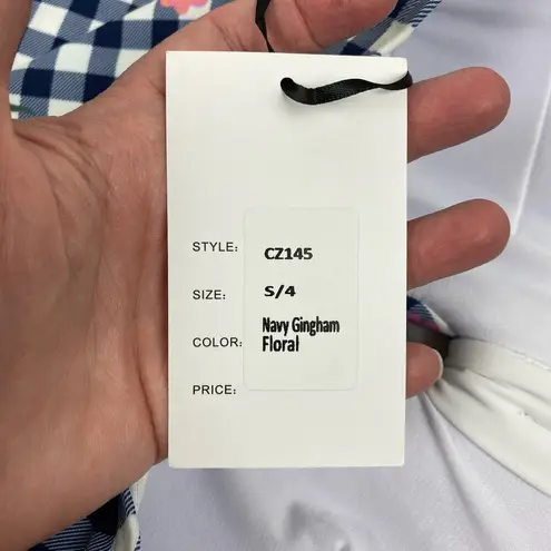 Unique Vintage Navy Gingham Floral Halter Tie Romper Style Swimsuit Sz.S/4 NWT