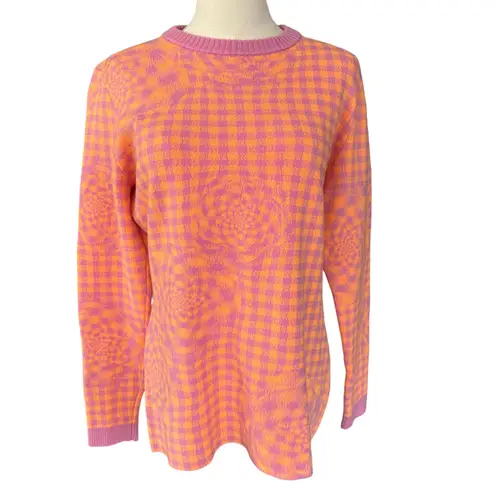 Brandon Maxwell Floral Gingham Wool Crewneck Sweater Pink Orange Size Large