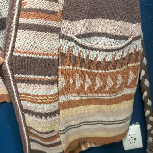 Lovestitch Women’s Long Sleeve Aztec Print Brown & Tan Cardigan Sweater Sz Small