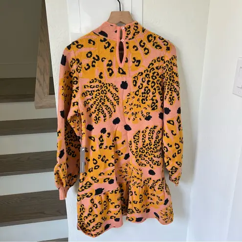 Farm Rio NWT Palms Mock Neck Sweater Long Sleeve Mini Dress in Pink & Leopard
