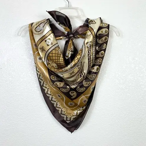 Brown & Tan Paisley Circular Pattern Satin Square Scarf