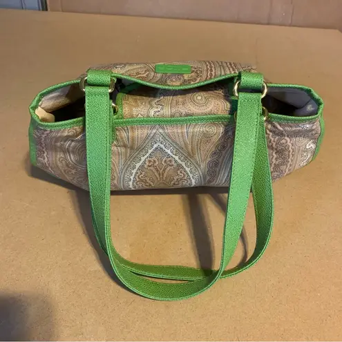 ETRO GREEN FAUX LEATHER TRIM W/TAN & GRAY COTTON PAISLEY PRINT BODY SATCHEL BAG