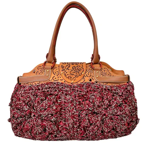 Salvatore Ferragamo Laser-Cut Leather and Crochet Bag in Original Wine