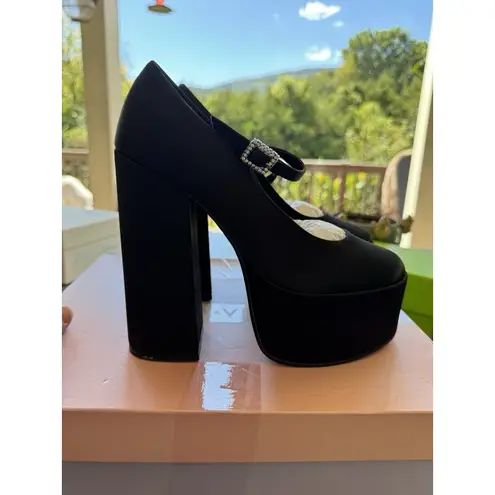 Lisa Vicky Vault V Black Satin Platform Heels Rhinestone Buckle Mary Jane Size 7