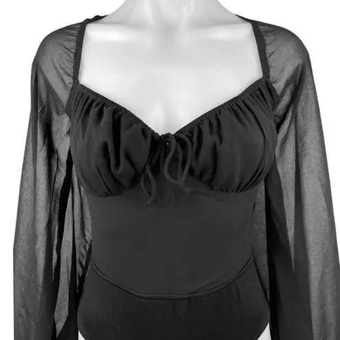 NEW Sabo Black Long Sleeve Mesh Tie Neck Open Back Bodysuit Top Size S