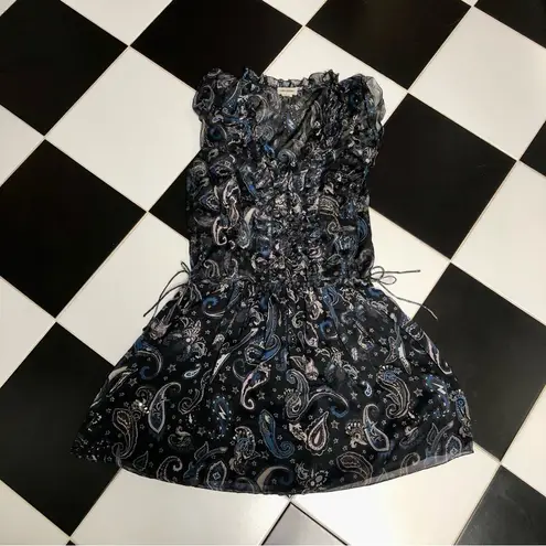 Zadig & Voltaire Rimana Paisley Mini Ruffle Beaded Dress Navy Blue Bohemian sz S