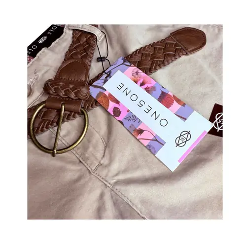 One 5 One Khaki SHORTS + Brown Braided BELT Women's Size 10 US Set Stretch NWT