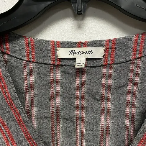 Madewell  Shirt Women's Large Grey Red Striped VNeck Long Sleeve Cotton Blend