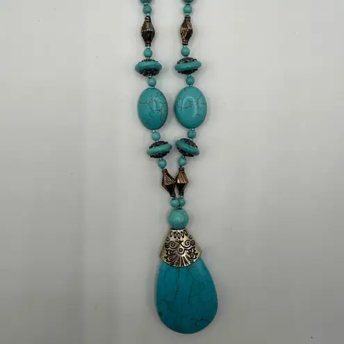 Turquoise Beaded Necklace and Earring Coord Set Boho Statement Pendant Jewelry Blue