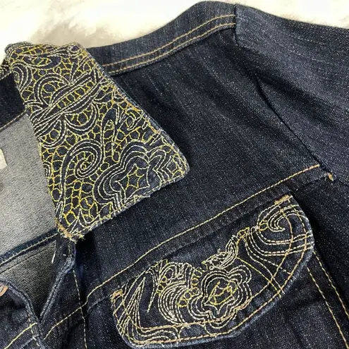 Jeanstar Ramie Blend Embroidered Jean Jacket Womens Sz L Blue Button Up Pockets Size L