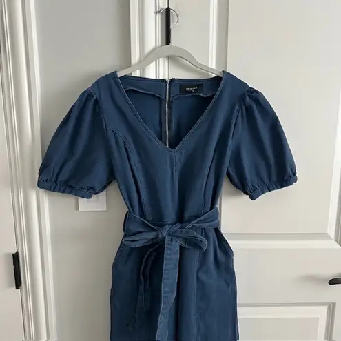 En Saison Puff Sleeve Belted Denim Wide Leg Jumpsuit Medium Blue