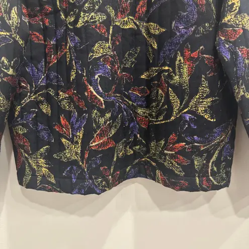 Vtg 80s Alicia Black Quilted Floral Jacket Leaf Print Cottage Fall Prairie Large