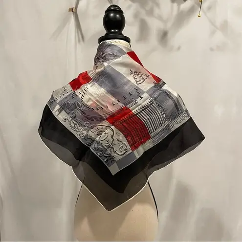 Gorgeous silk vintage made in Japan checkered city scape scarf Red
