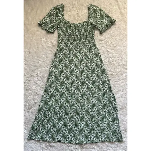 Faithfull the Brand Dress El Paso Midi Crepe Short Sleeve Paisley Green Sz M
